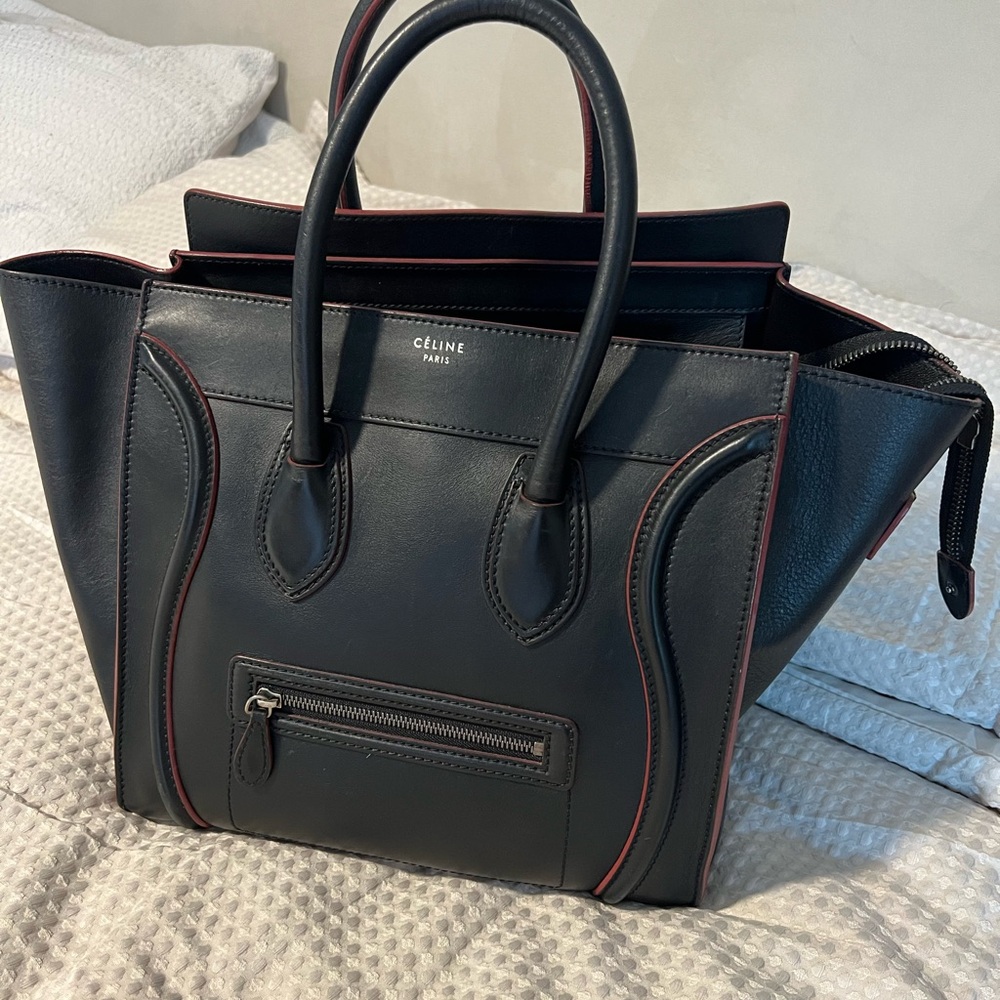 Authentic Celine Black Leather Micro Luggage Tote with Red Trim